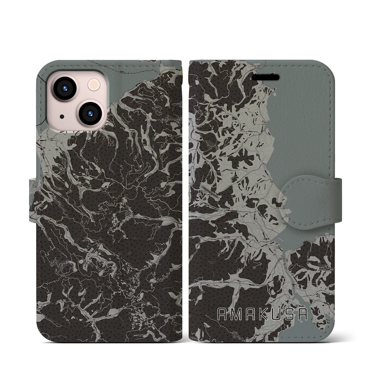 【天草(熊本県)】地図柄iPhoneケース(手帳タイプ)モノトーン・iPhone 13 mini 用
