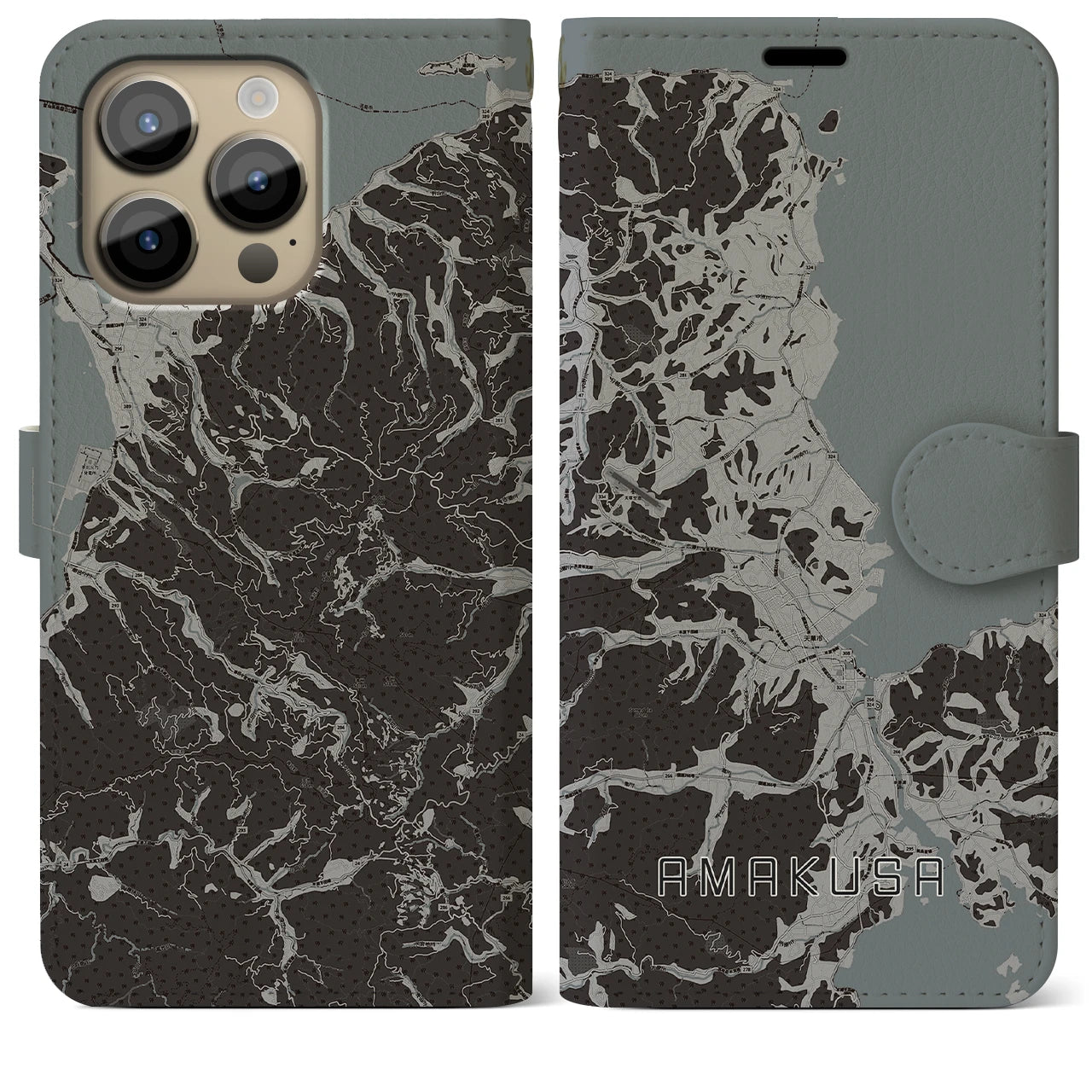 【天草(熊本県)】地図柄iPhoneケース(手帳タイプ)モノトーン・iPhone 14 Pro Max 用