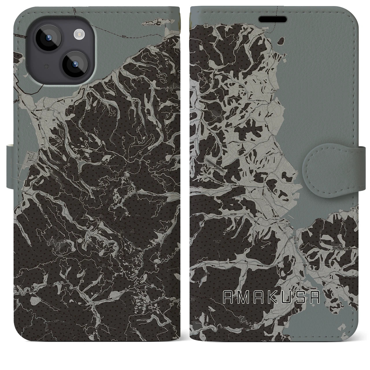 【天草(熊本県)】地図柄iPhoneケース(手帳タイプ)モノトーン・iPhone 14 Plus 用