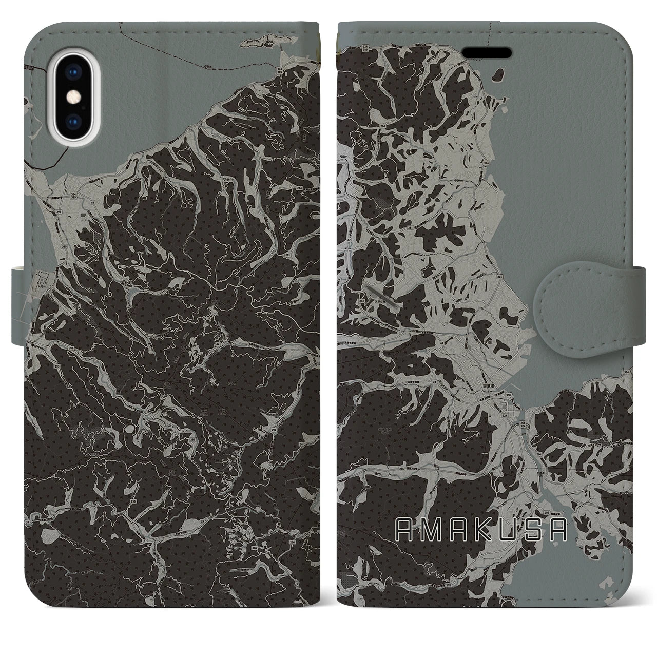 【天草(熊本県)】地図柄iPhoneケース(手帳タイプ)モノトーン・iPhone XS Max 用