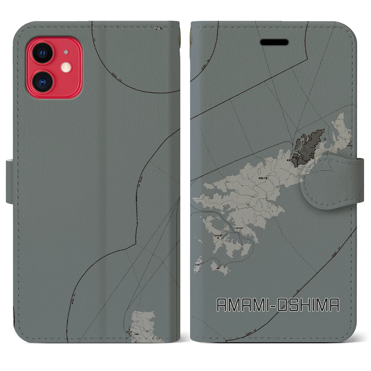 【奄美大島(鹿児島県)】地図柄iPhoneケース(手帳タイプ)モノトーン・iPhone 11 用