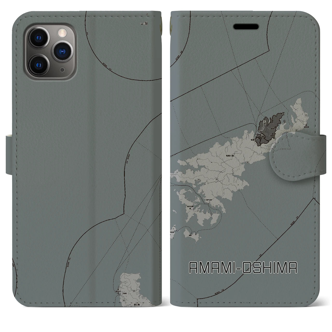 【奄美大島(鹿児島県)】地図柄iPhoneケース(手帳タイプ)モノトーン・iPhone 11 Pro Max 用