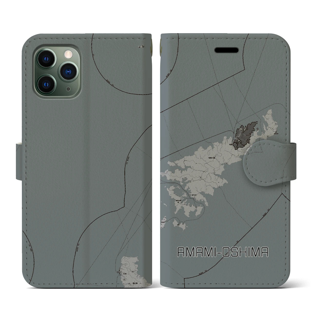 【奄美大島(鹿児島県)】地図柄iPhoneケース(手帳タイプ)モノトーン・iPhone 11 Pro 用