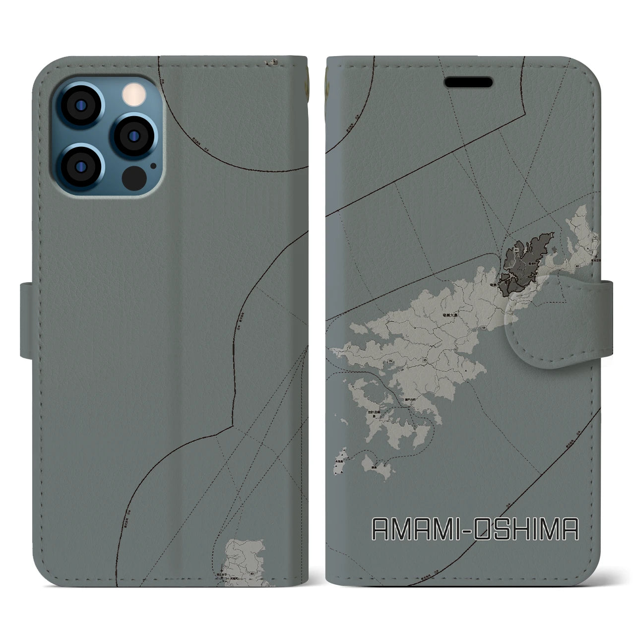 【奄美大島(鹿児島県)】地図柄iPhoneケース(手帳タイプ)モノトーン・iPhone 12 / 12 Pro 用