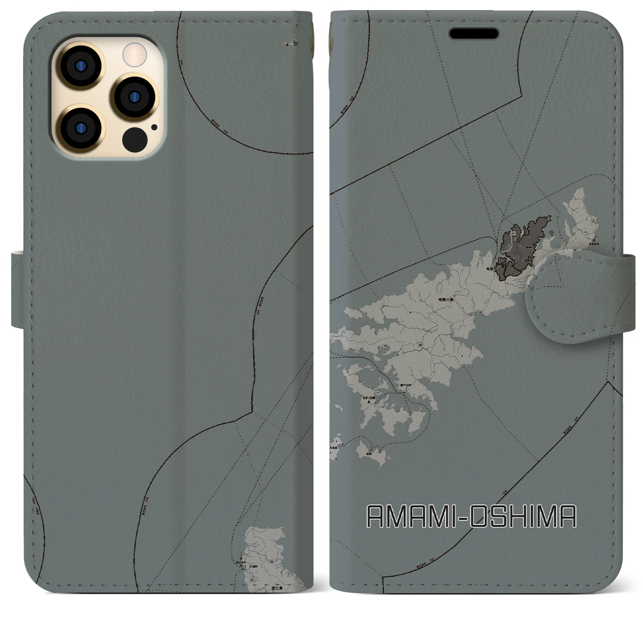 【奄美大島(鹿児島県)】地図柄iPhoneケース(手帳タイプ)モノトーン・iPhone 12 Pro Max 用