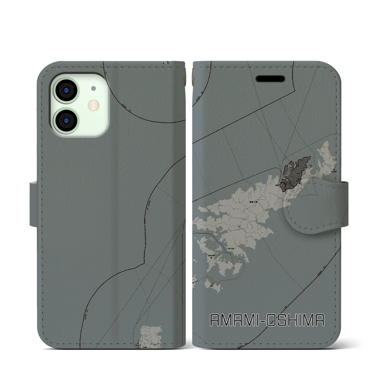 【奄美大島(鹿児島県)】地図柄iPhoneケース(手帳タイプ)モノトーン・iPhone 12 mini 用