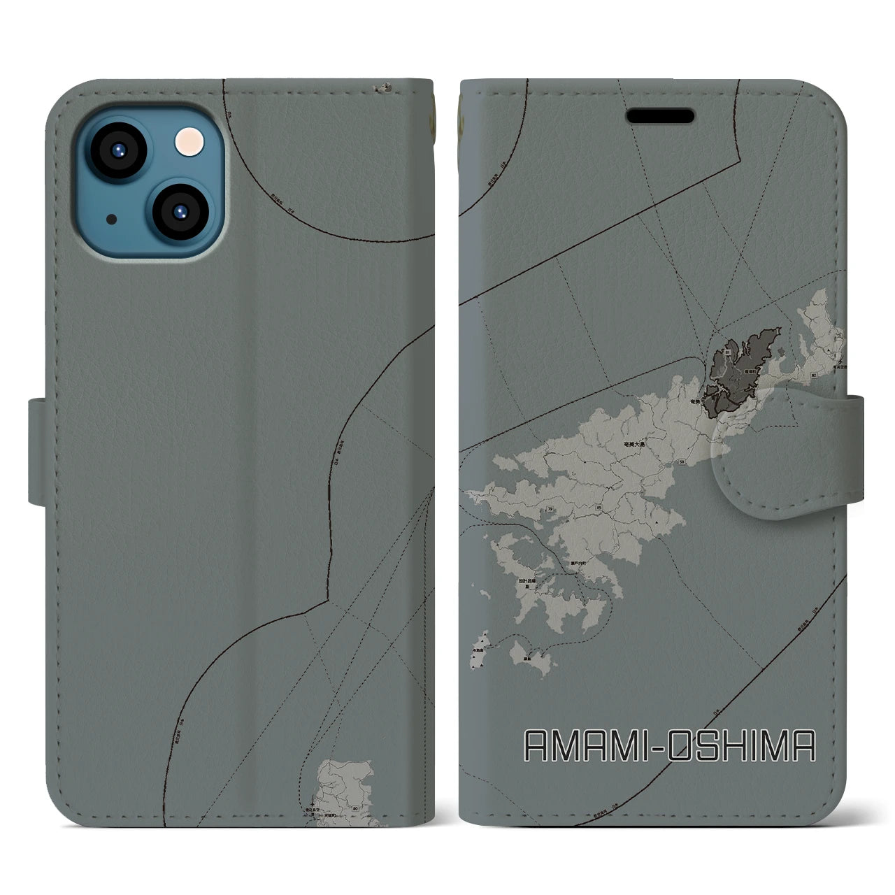 【奄美大島(鹿児島県)】地図柄iPhoneケース(手帳タイプ)モノトーン・iPhone 13 用
