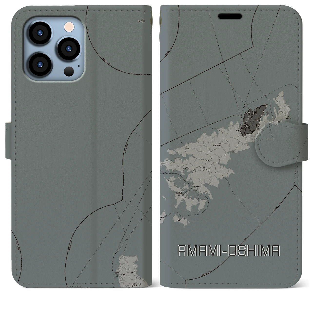 【奄美大島(鹿児島県)】地図柄iPhoneケース(手帳タイプ)モノトーン・iPhone 13 Pro Max 用