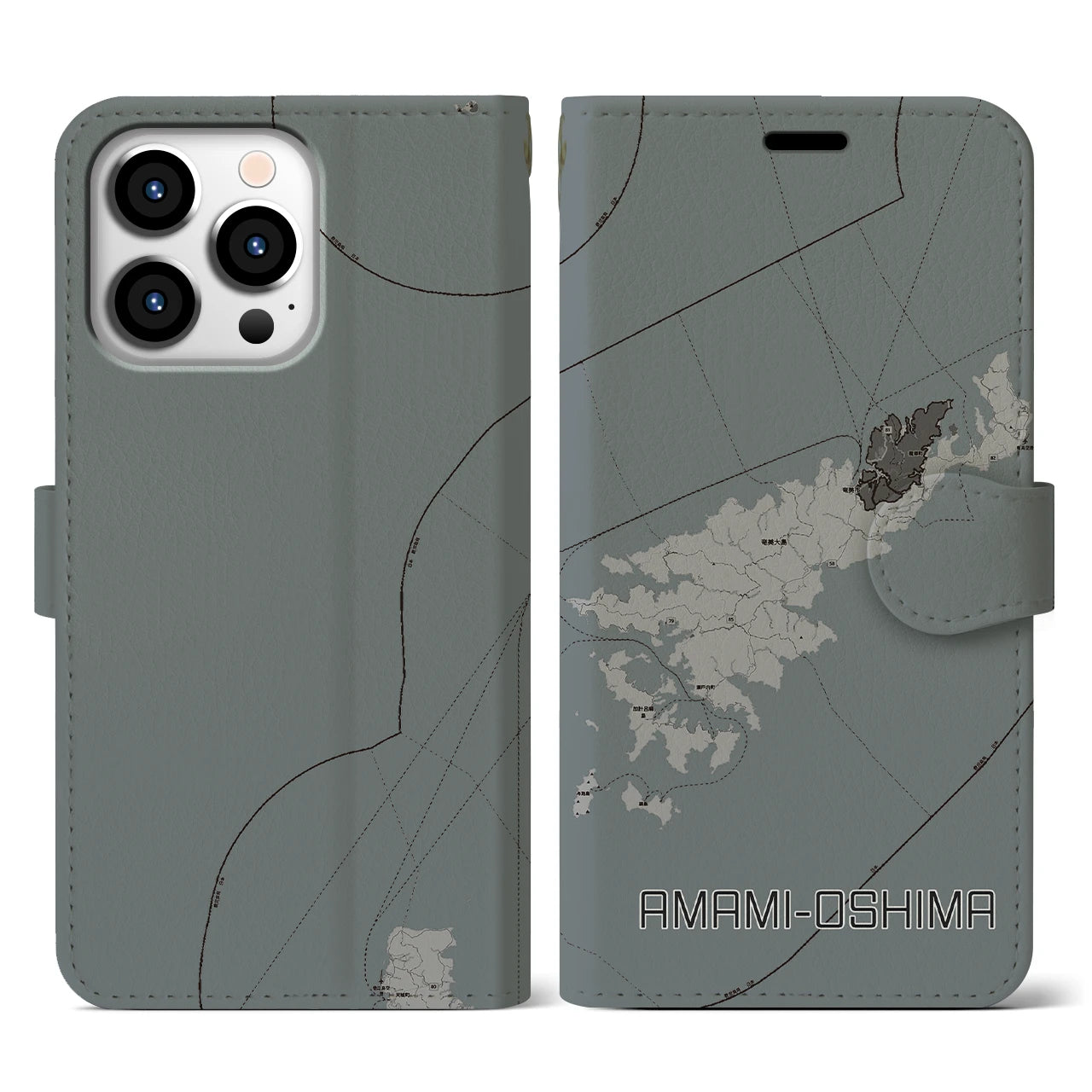 【奄美大島(鹿児島県)】地図柄iPhoneケース(手帳タイプ)モノトーン・iPhone 13 Pro 用