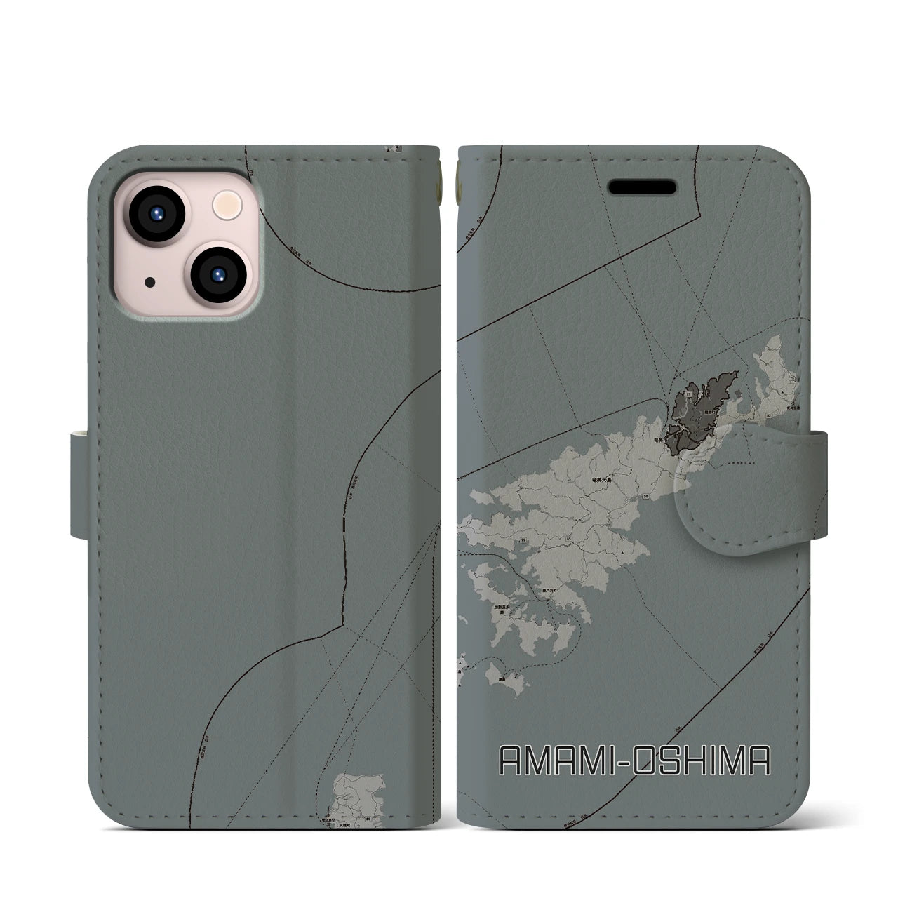 【奄美大島(鹿児島県)】地図柄iPhoneケース(手帳タイプ)モノトーン・iPhone 13 mini 用