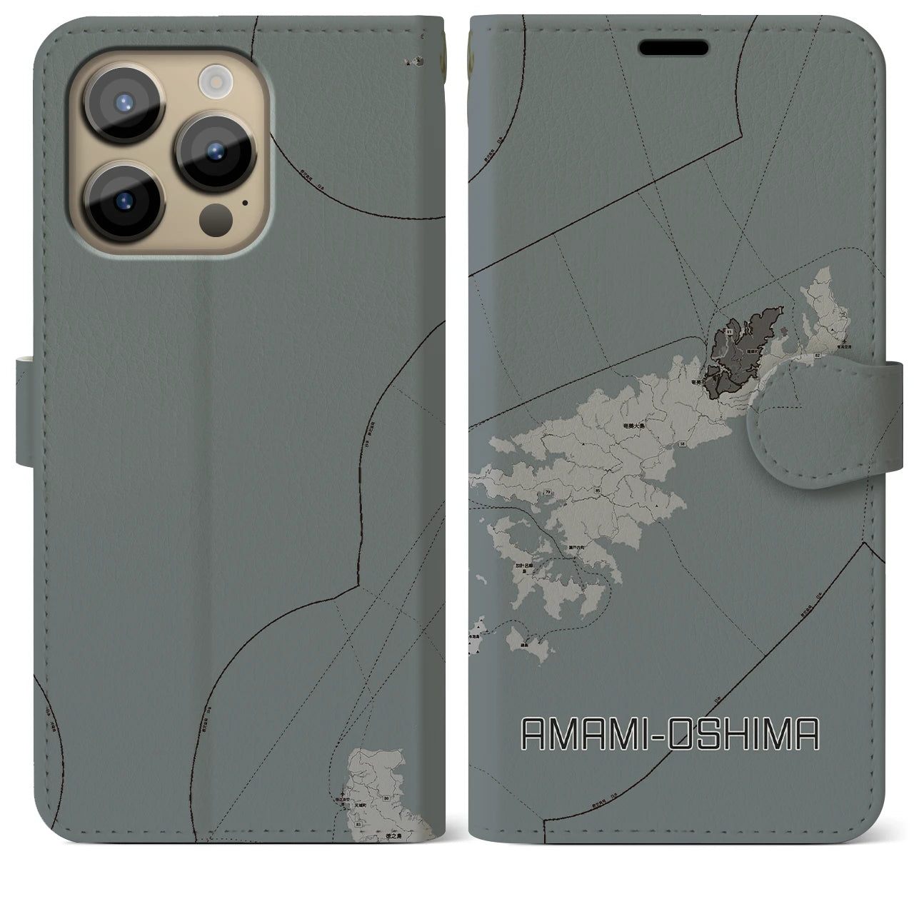 【奄美大島(鹿児島県)】地図柄iPhoneケース(手帳タイプ)モノトーン・iPhone 14 Pro Max 用