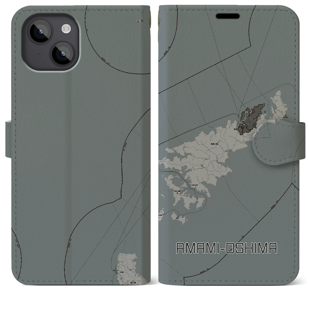 【奄美大島(鹿児島県)】地図柄iPhoneケース(手帳タイプ)モノトーン・iPhone 14 Plus 用