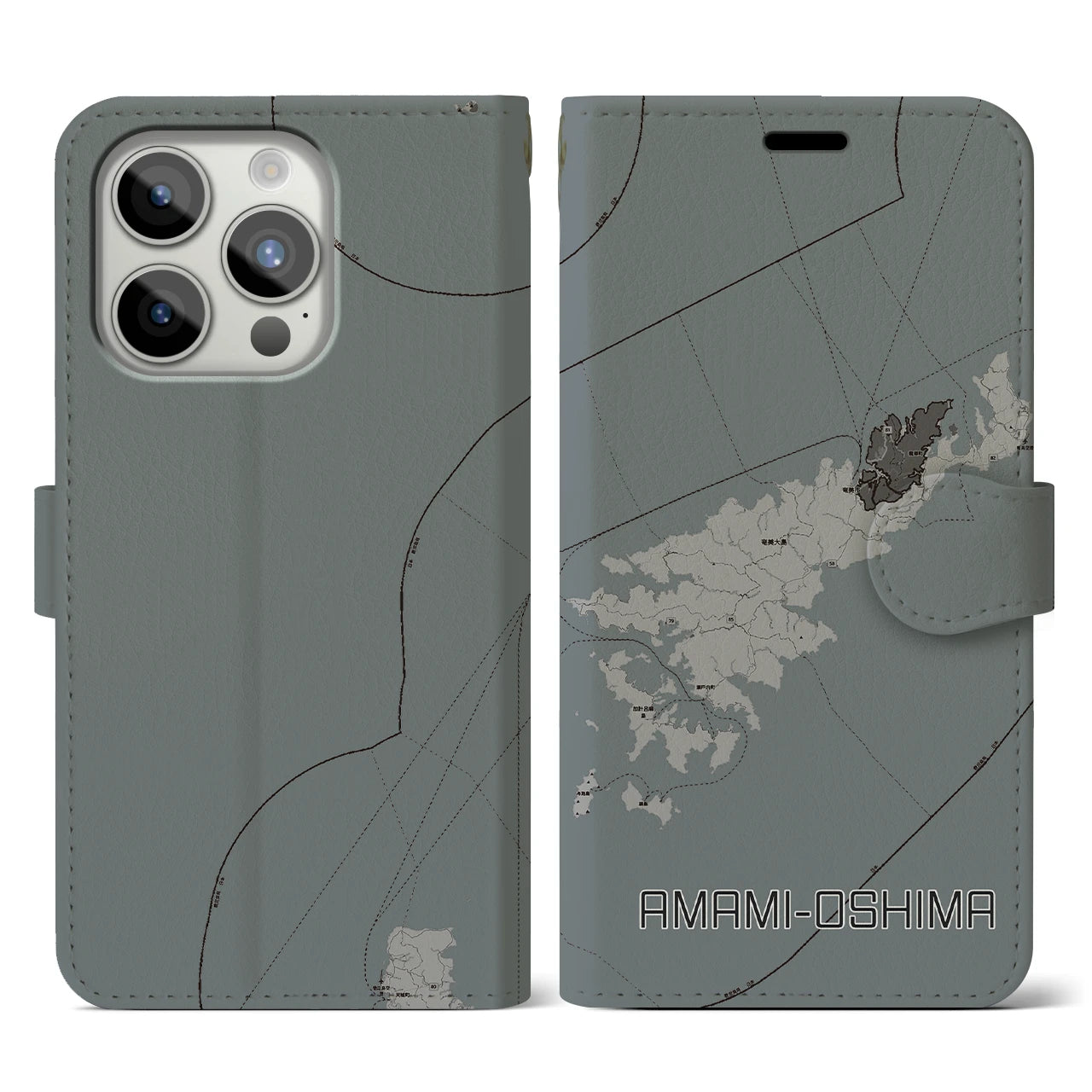 【奄美大島(鹿児島県)】地図柄iPhoneケース(手帳タイプ)モノトーン・iPhone 15 Pro 用
