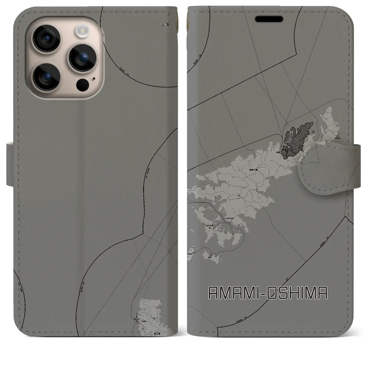 【奄美大島(鹿児島県)】地図柄iPhoneケース(手帳タイプ)モノトーン・iPhone 16 Plus 用