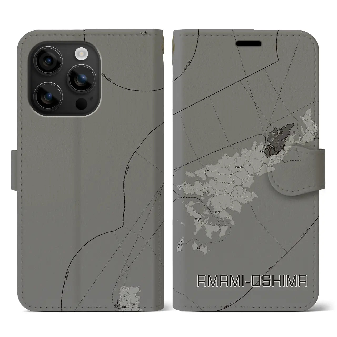 【奄美大島(鹿児島県)】地図柄iPhoneケース(手帳タイプ)モノトーン・iPhone 16 用