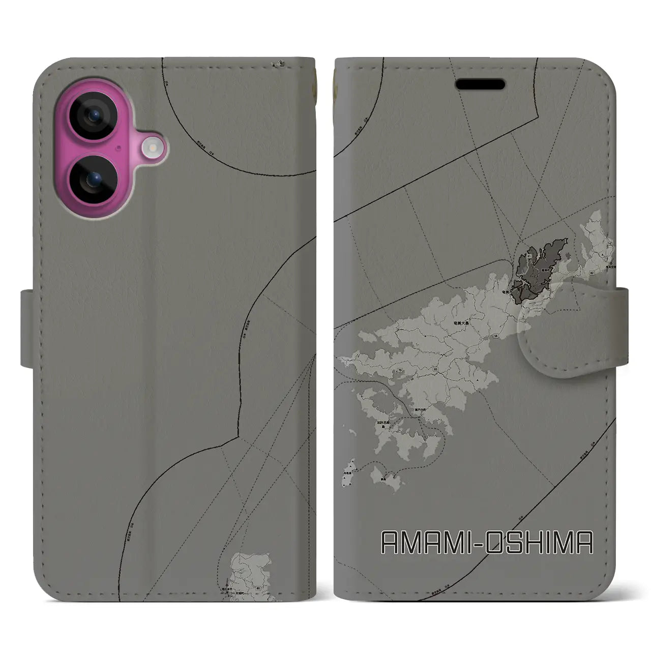 【奄美大島(鹿児島県)】地図柄iPhoneケース(手帳タイプ)モノトーン・iPhone 16 Pro 用