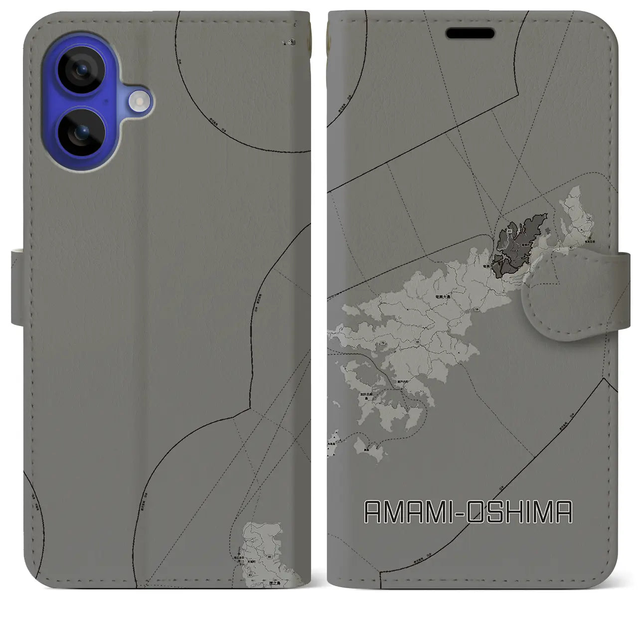 【奄美大島(鹿児島県)】地図柄iPhoneケース(手帳タイプ)モノトーン・iPhone 16 Pro Max 用