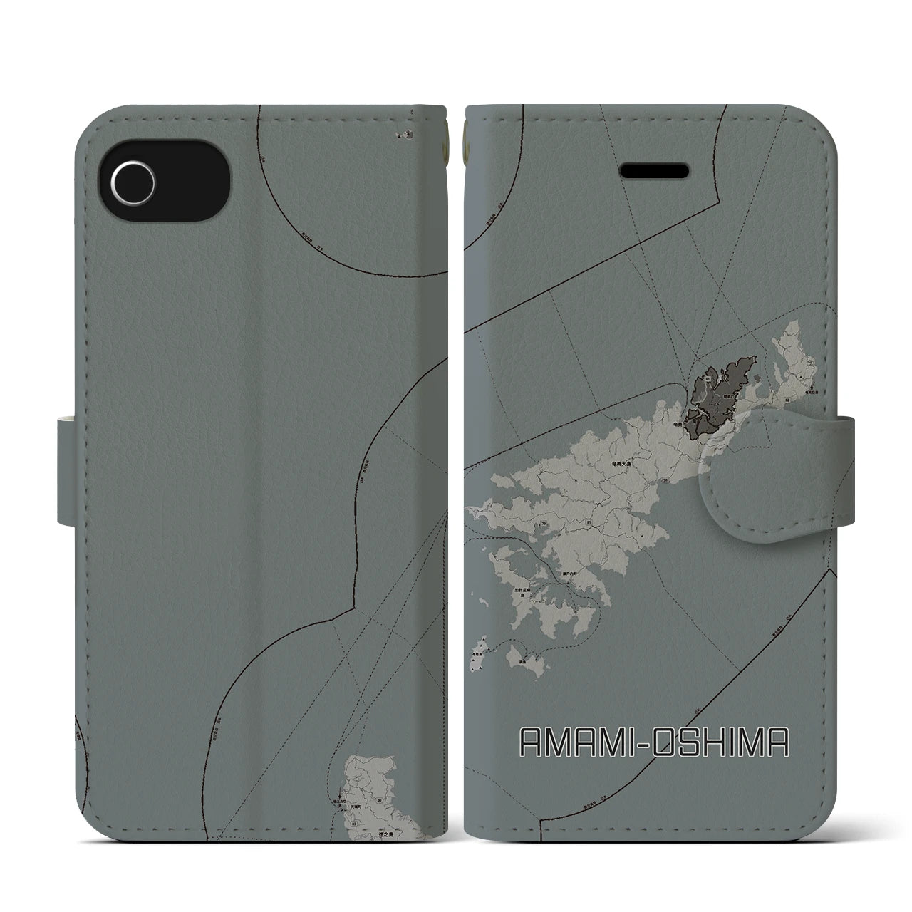 【奄美大島(鹿児島県)】地図柄iPhoneケース(手帳タイプ)モノトーン・iPhone SE(第3 / 第2世代) / 8 / 7 / 6s / 6 用