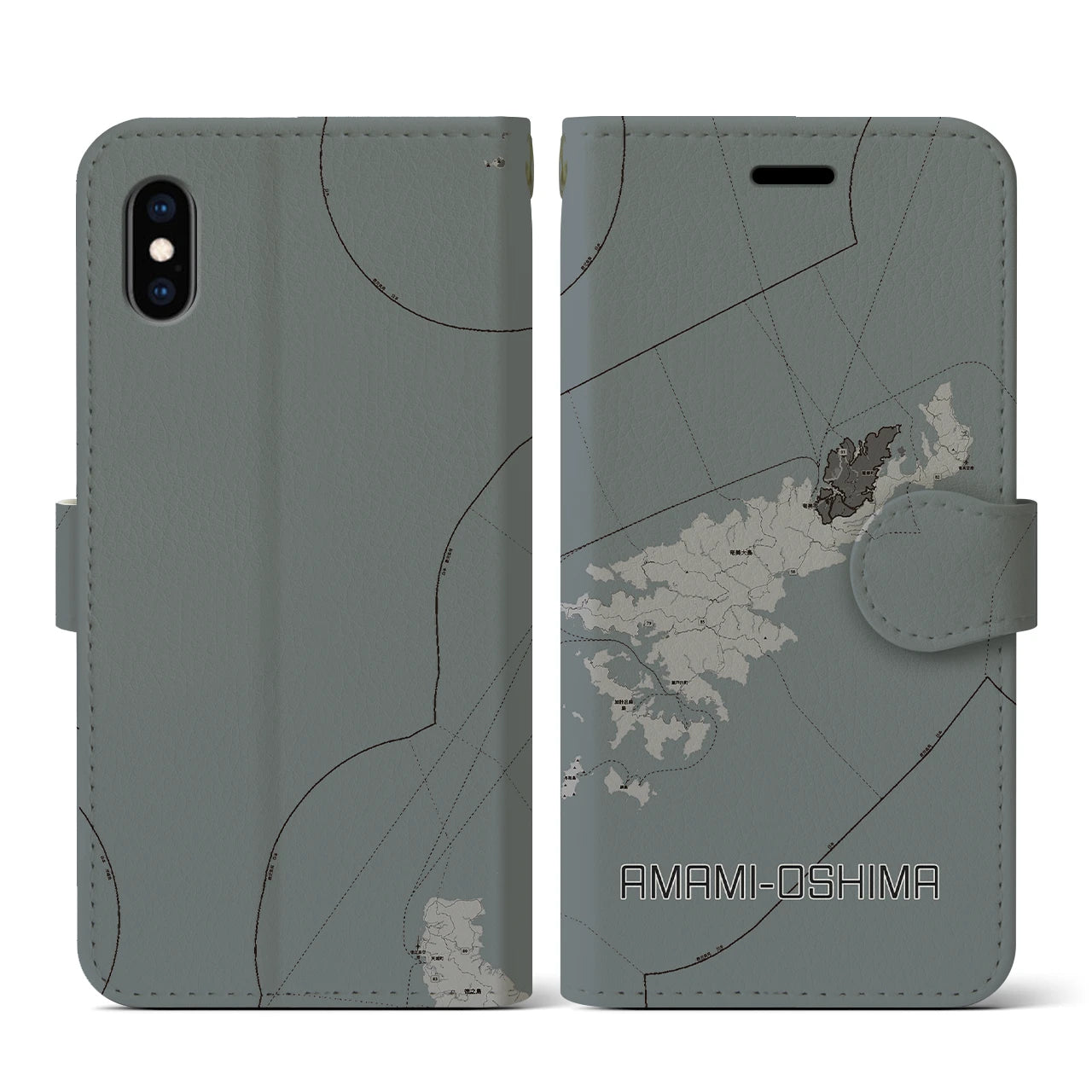 【奄美大島(鹿児島県)】地図柄iPhoneケース(手帳タイプ)モノトーン・iPhone XS / X 用