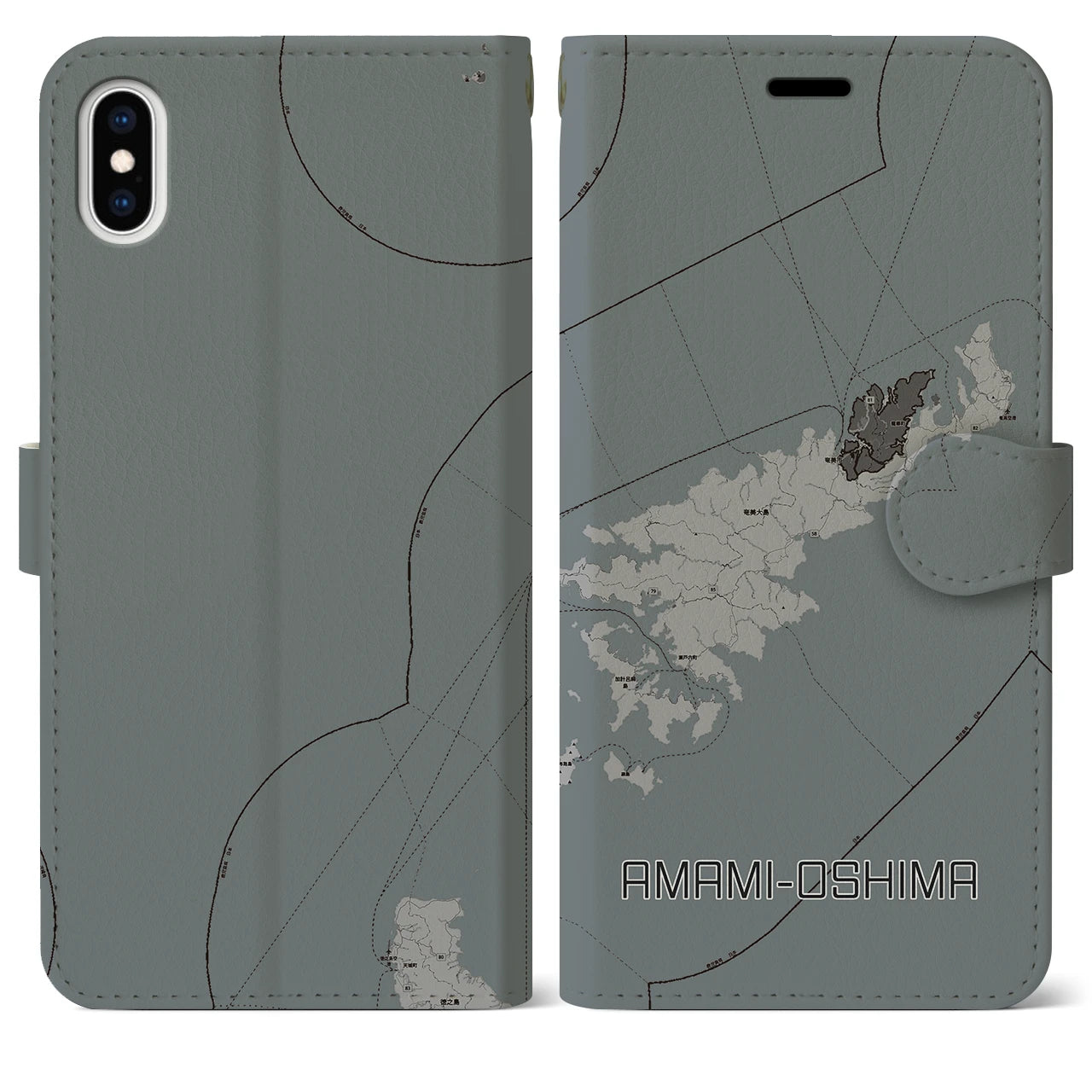 【奄美大島(鹿児島県)】地図柄iPhoneケース(手帳タイプ)モノトーン・iPhone XS Max 用