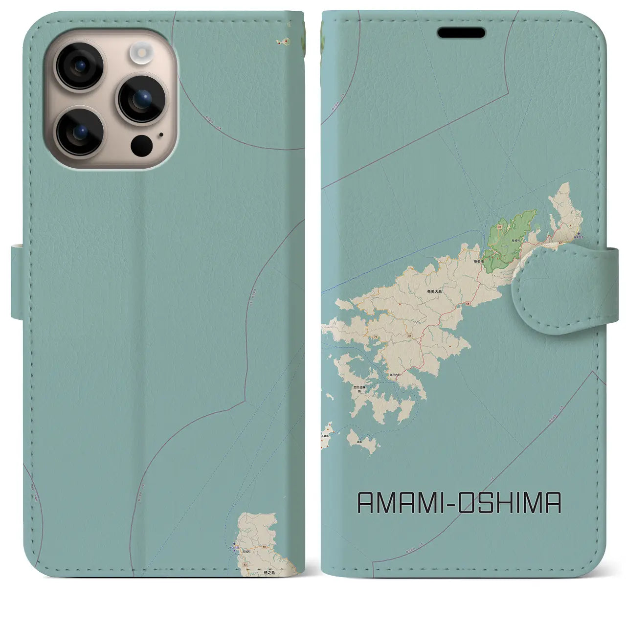 【奄美大島(鹿児島県)】地図柄iPhoneケース(手帳タイプ)ナチュラル・iPhone 16 Plus 用