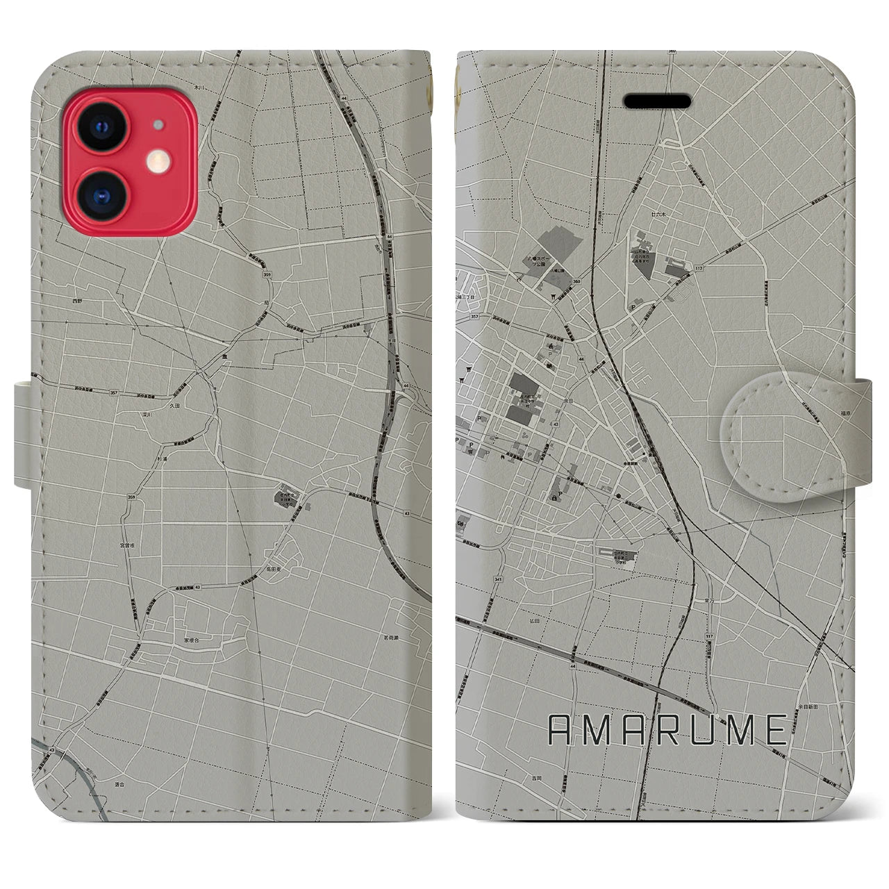 【余目(山形県)】地図柄iPhoneケース(手帳タイプ)モノトーン・iPhone 11 用