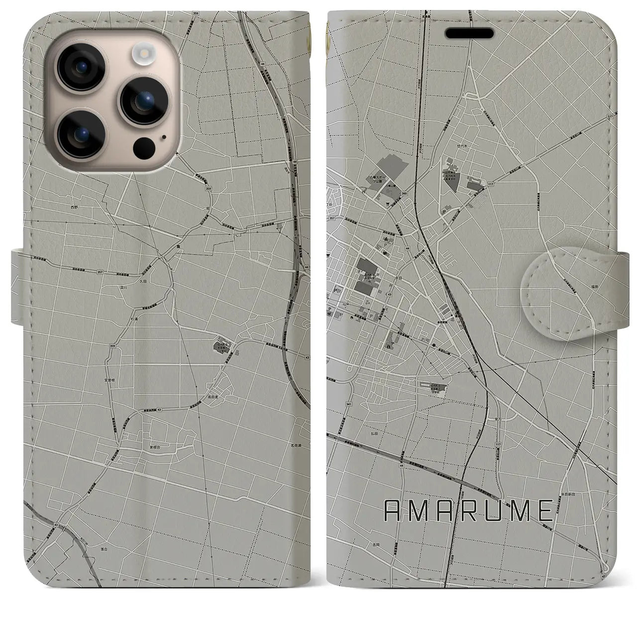 【余目(山形県)】地図柄iPhoneケース(手帳タイプ)モノトーン・iPhone 16 Plus 用