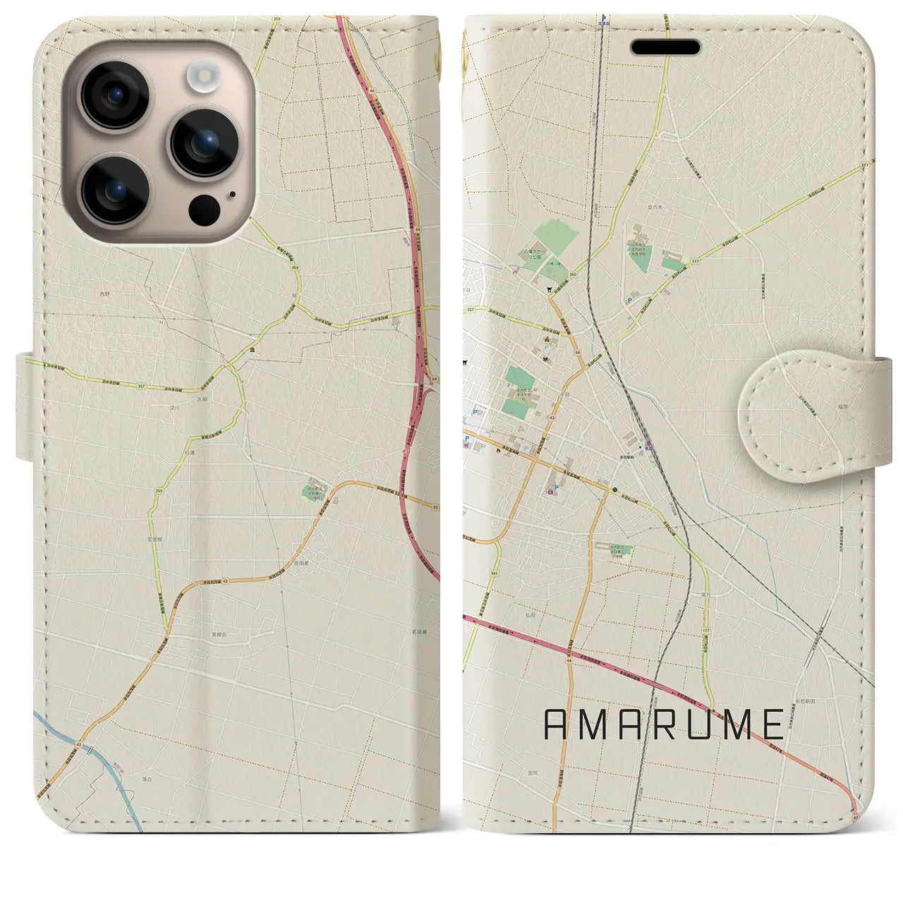 【余目(山形県)】地図柄iPhoneケース(手帳タイプ)ナチュラル・iPhone 16 Plus 用