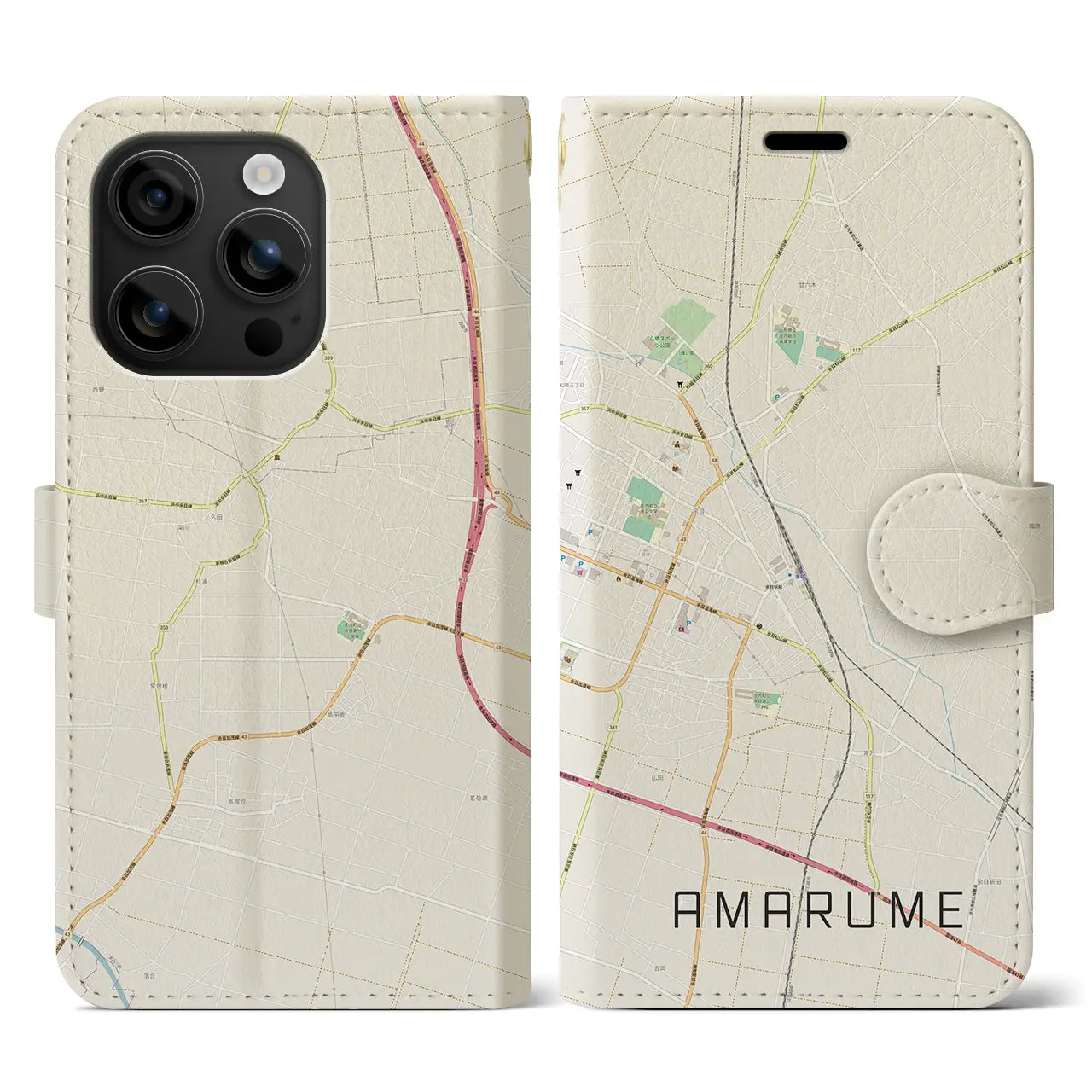 【余目(山形県)】地図柄iPhoneケース(手帳タイプ)ナチュラル・iPhone 16 用