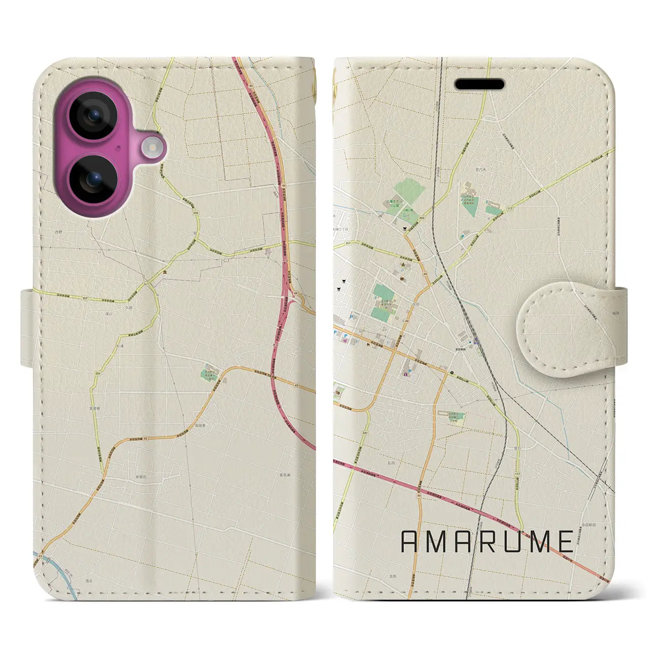 【余目(山形県)】地図柄iPhoneケース(手帳タイプ)ナチュラル・iPhone 16 Pro 用