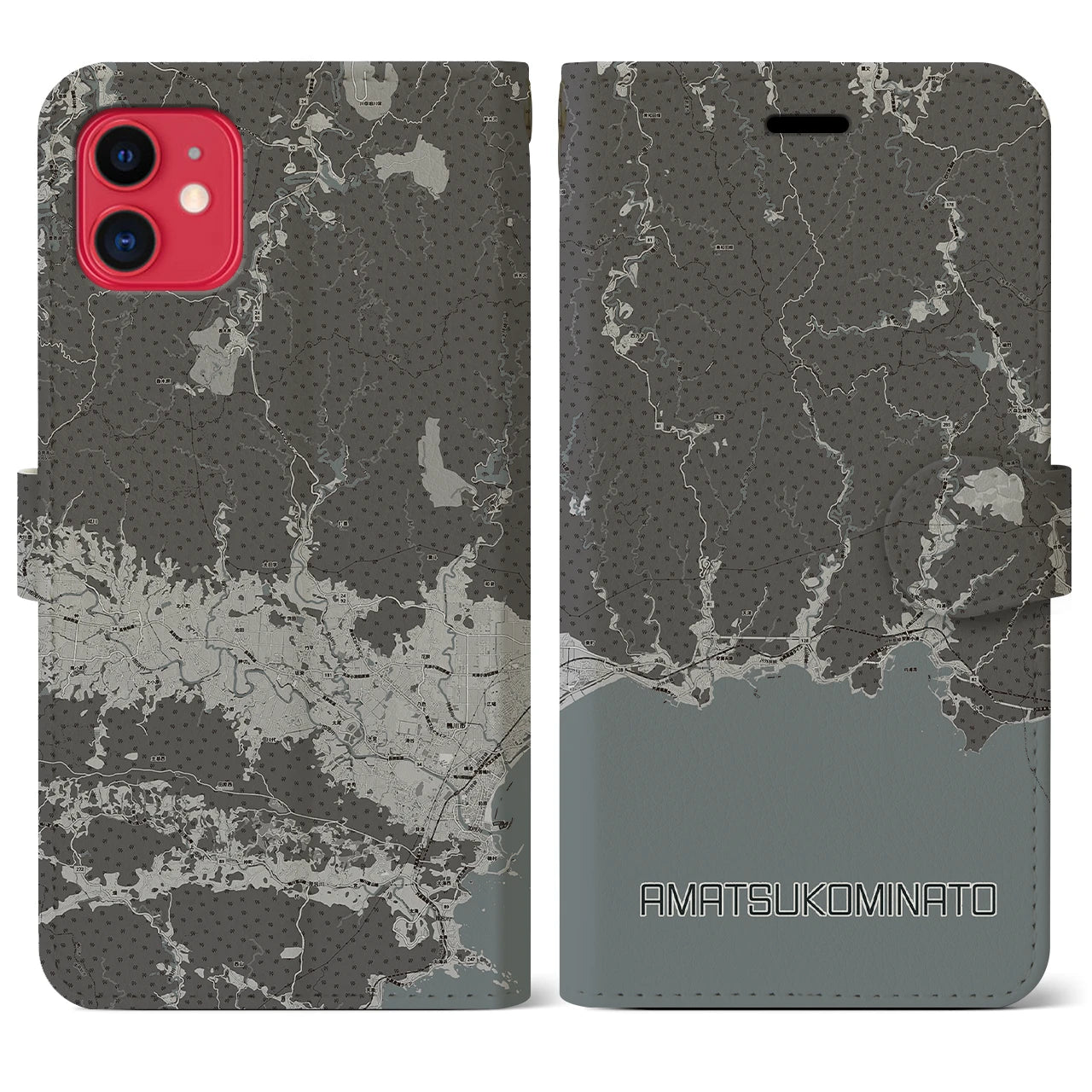 【天津小湊(千葉県)】地図柄iPhoneケース(手帳タイプ)モノトーン・iPhone 11 用