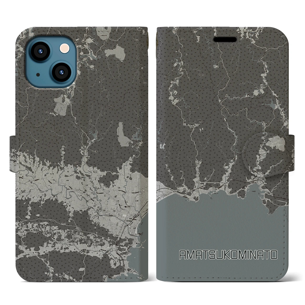 【天津小湊(千葉県)】地図柄iPhoneケース(手帳タイプ)モノトーン・iPhone 13 用