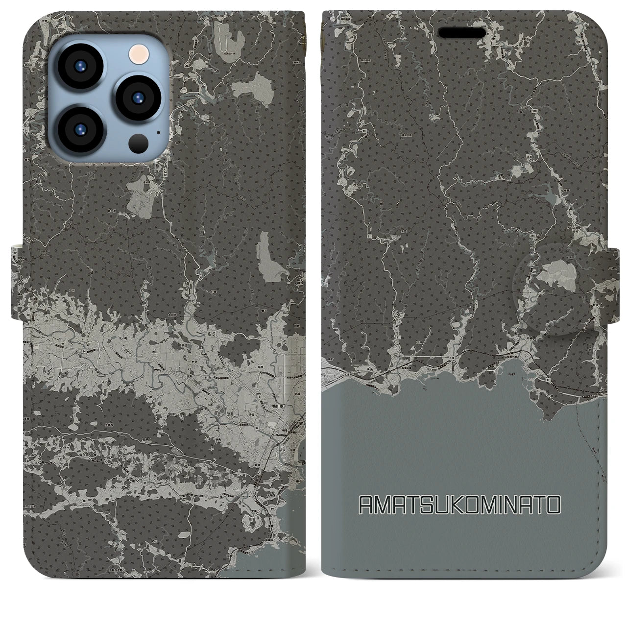 【天津小湊(千葉県)】地図柄iPhoneケース(手帳タイプ)モノトーン・iPhone 13 Pro Max 用