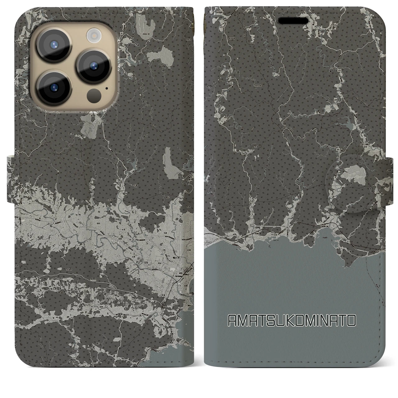 【天津小湊(千葉県)】地図柄iPhoneケース(手帳タイプ)モノトーン・iPhone 14 Pro Max 用