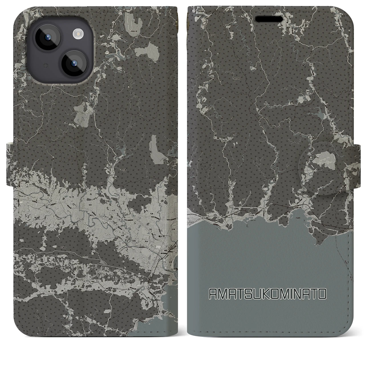 【天津小湊(千葉県)】地図柄iPhoneケース(手帳タイプ)モノトーン・iPhone 14 Plus 用
