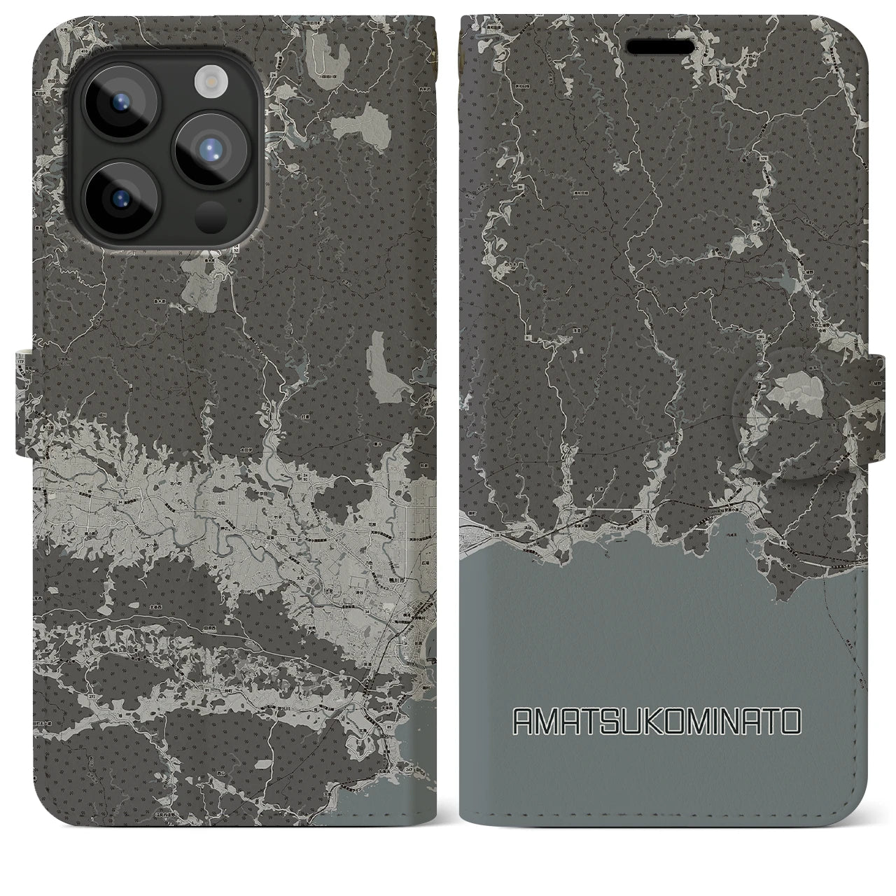 【天津小湊(千葉県)】地図柄iPhoneケース(手帳タイプ)モノトーン・iPhone 15 Pro Max 用