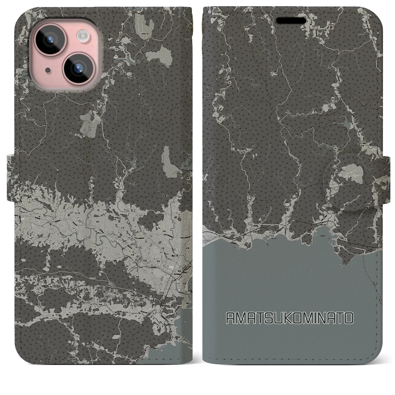 【天津小湊(千葉県)】地図柄iPhoneケース(手帳タイプ)モノトーン・iPhone 15 Plus 用