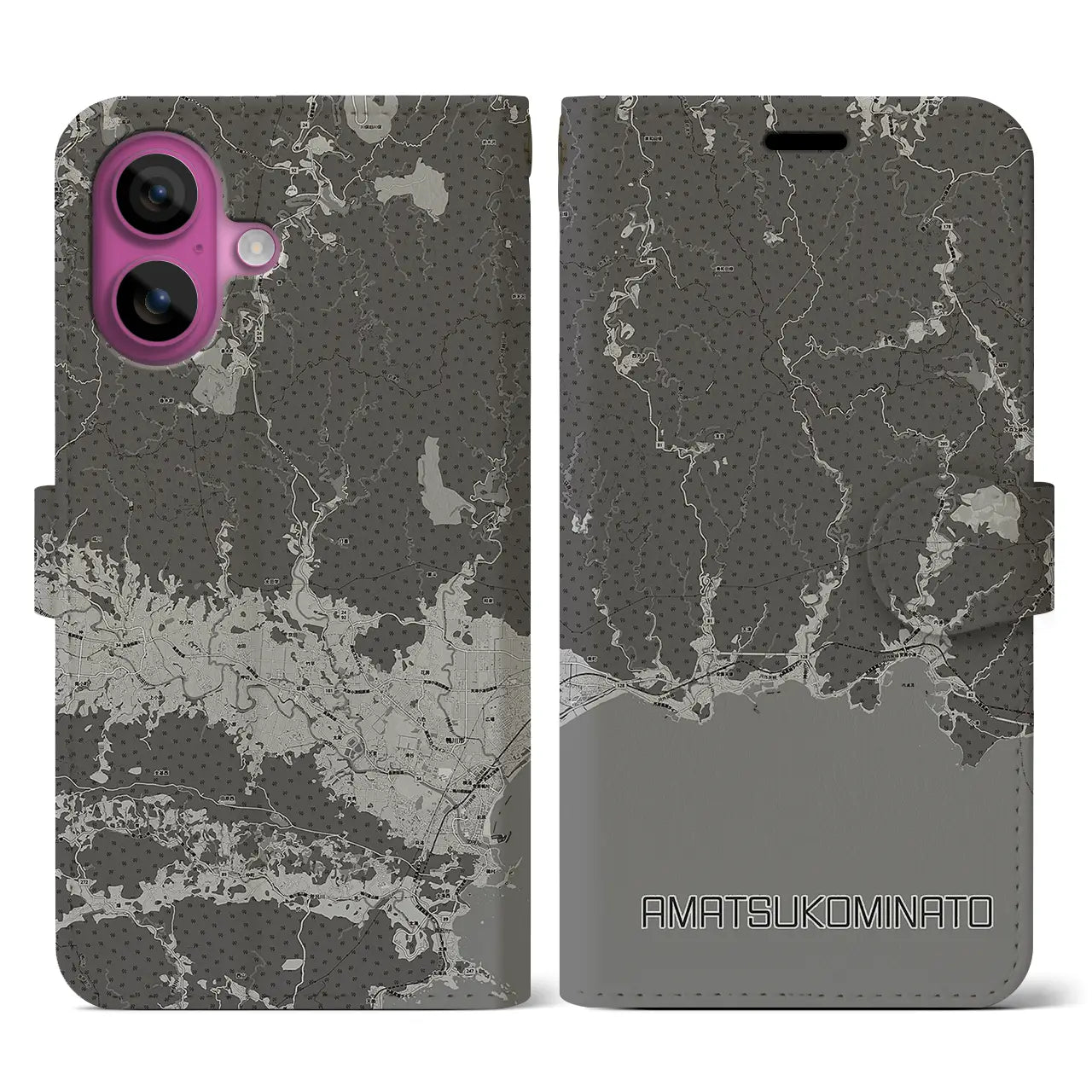 【天津小湊(千葉県)】地図柄iPhoneケース(手帳タイプ)モノトーン・iPhone 16 Pro 用