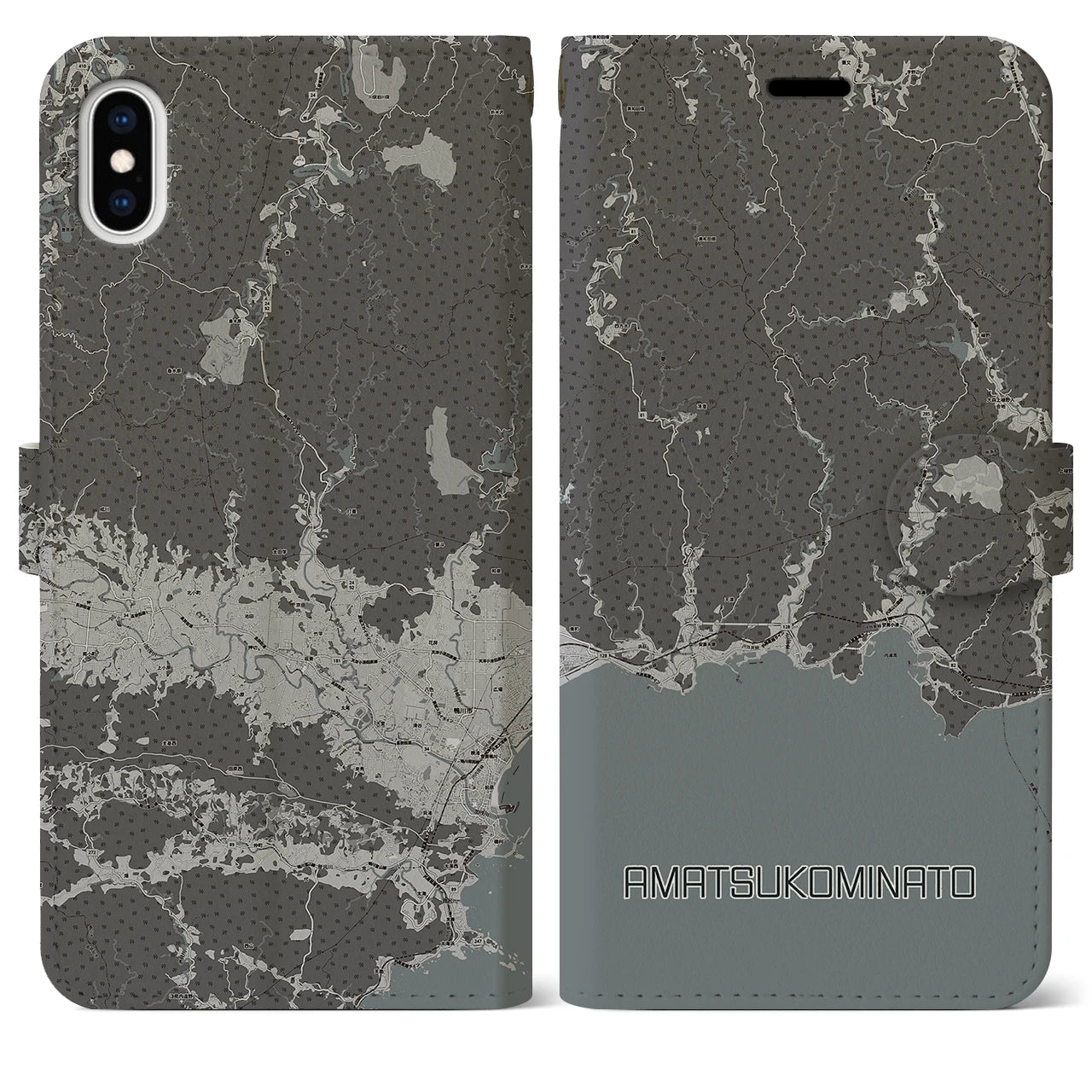 【天津小湊(千葉県)】地図柄iPhoneケース(手帳タイプ)モノトーン・iPhone XS Max 用