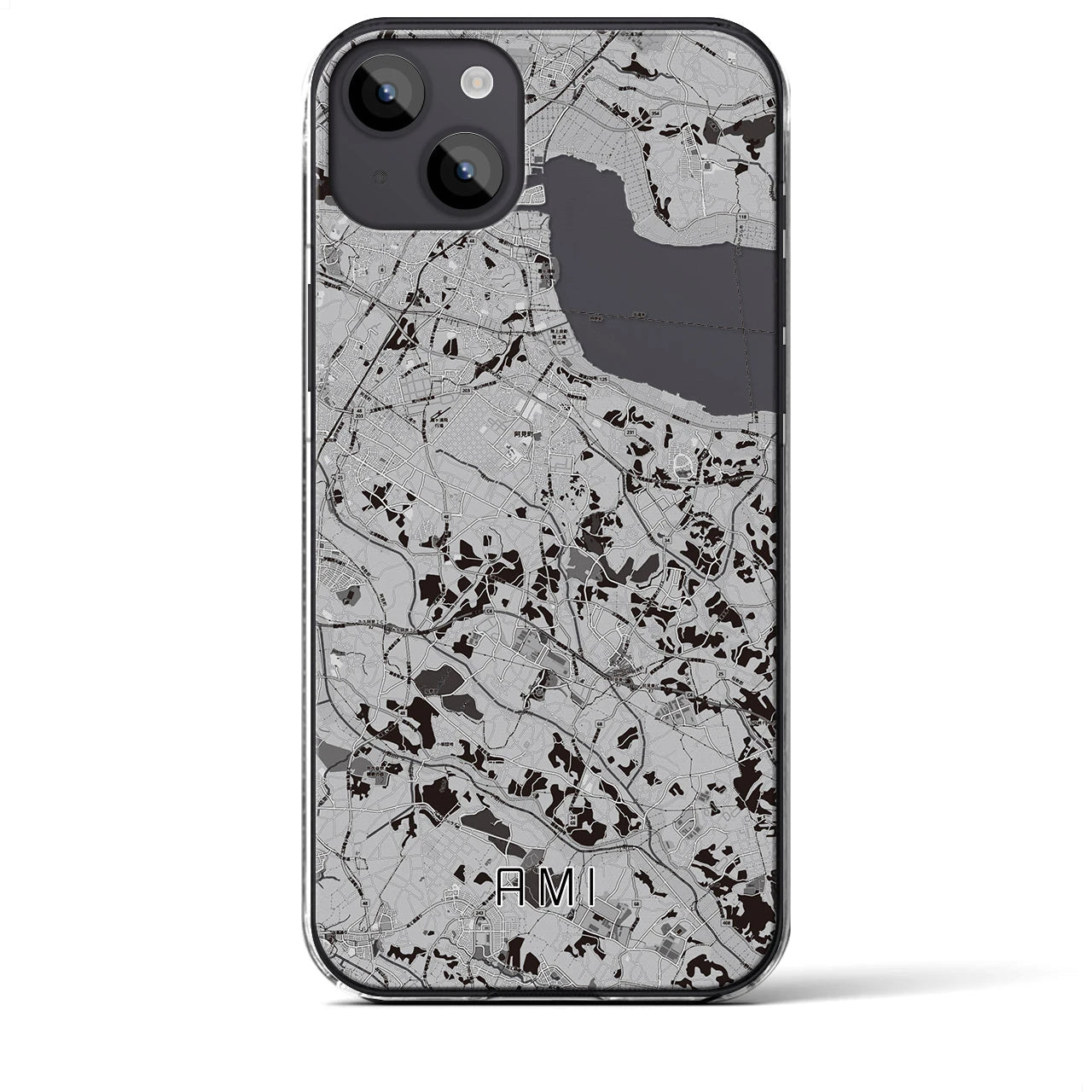 【阿見(茨城県)】地図柄iPhoneケース(クリアタイプ)モノトーン・iPhone 14 Plus 用
