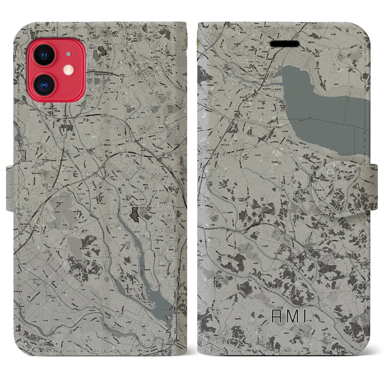 【阿見(茨城県)】地図柄iPhoneケース(手帳タイプ)モノトーン・iPhone 11 用