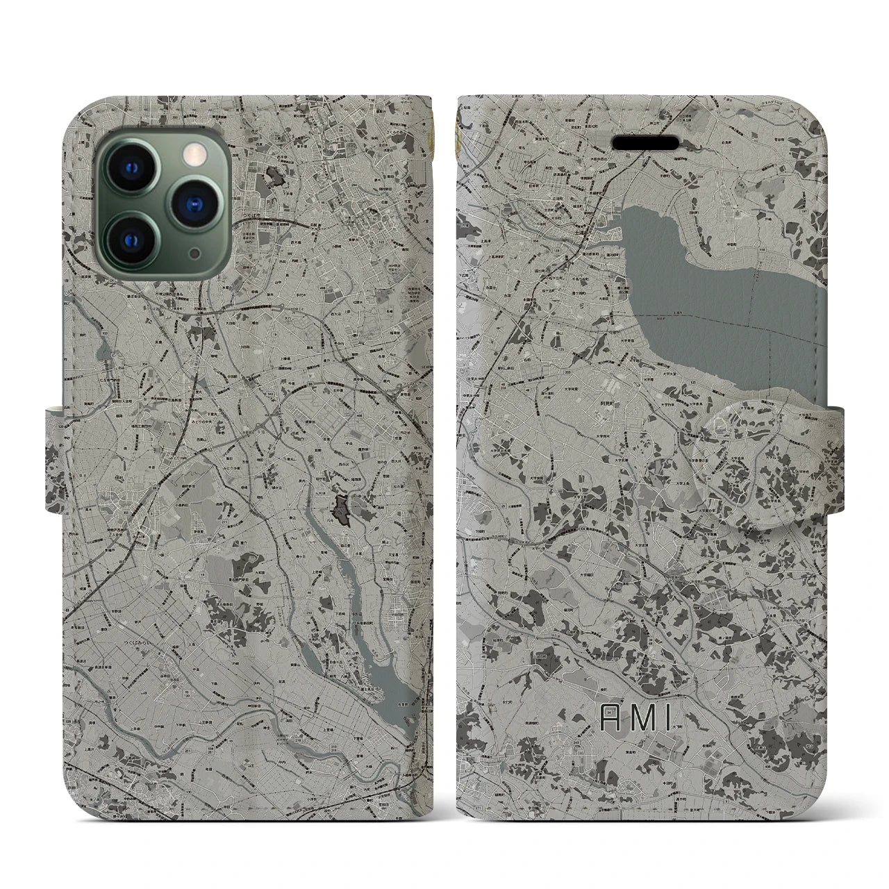 【阿見(茨城県)】地図柄iPhoneケース(手帳タイプ)モノトーン・iPhone 11 Pro 用