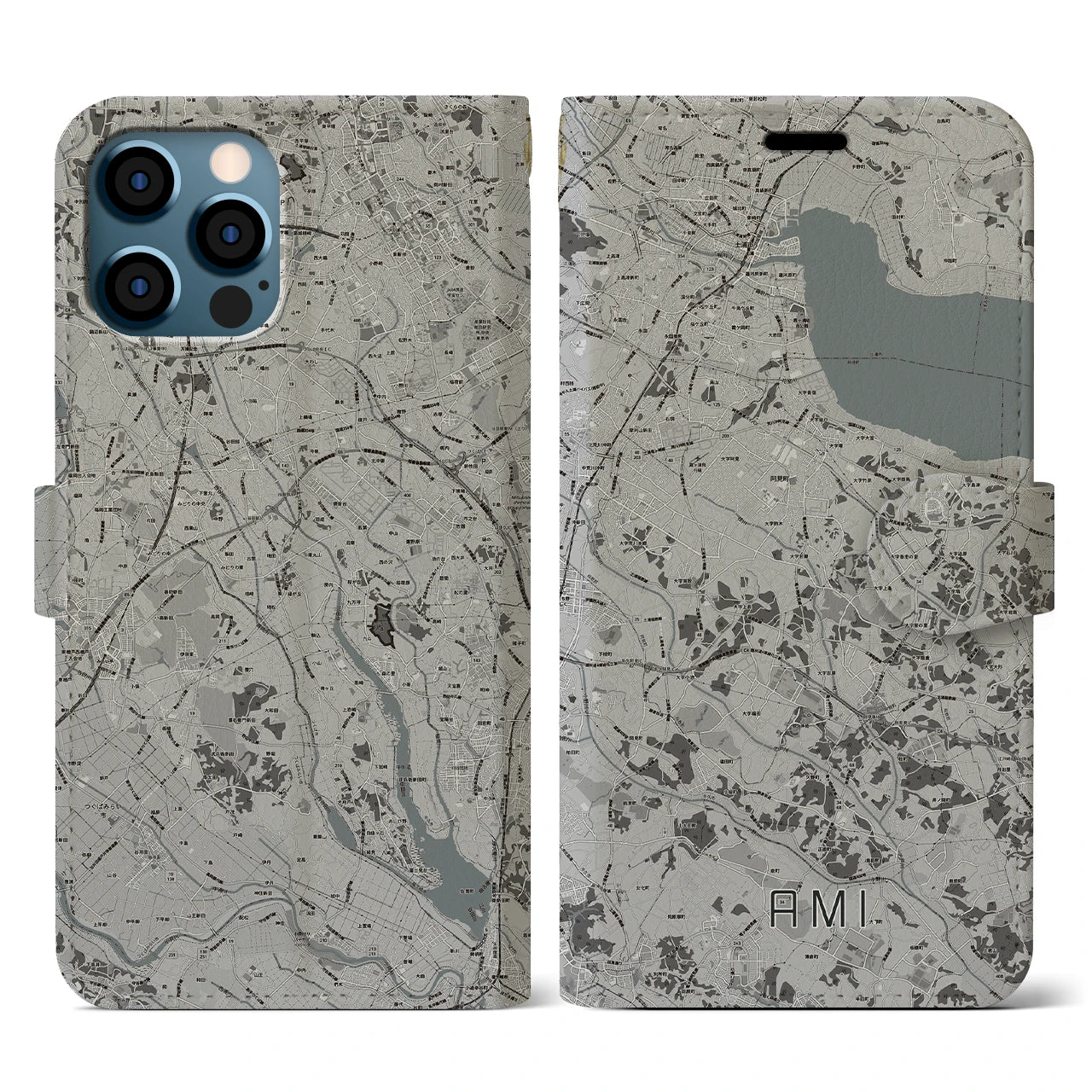 【阿見(茨城県)】地図柄iPhoneケース(手帳タイプ)モノトーン・iPhone 12 / 12 Pro 用