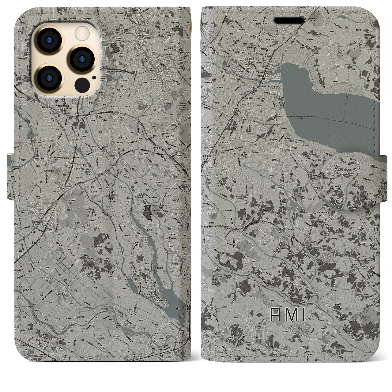 【阿見(茨城県)】地図柄iPhoneケース(手帳タイプ)モノトーン・iPhone 12 Pro Max 用