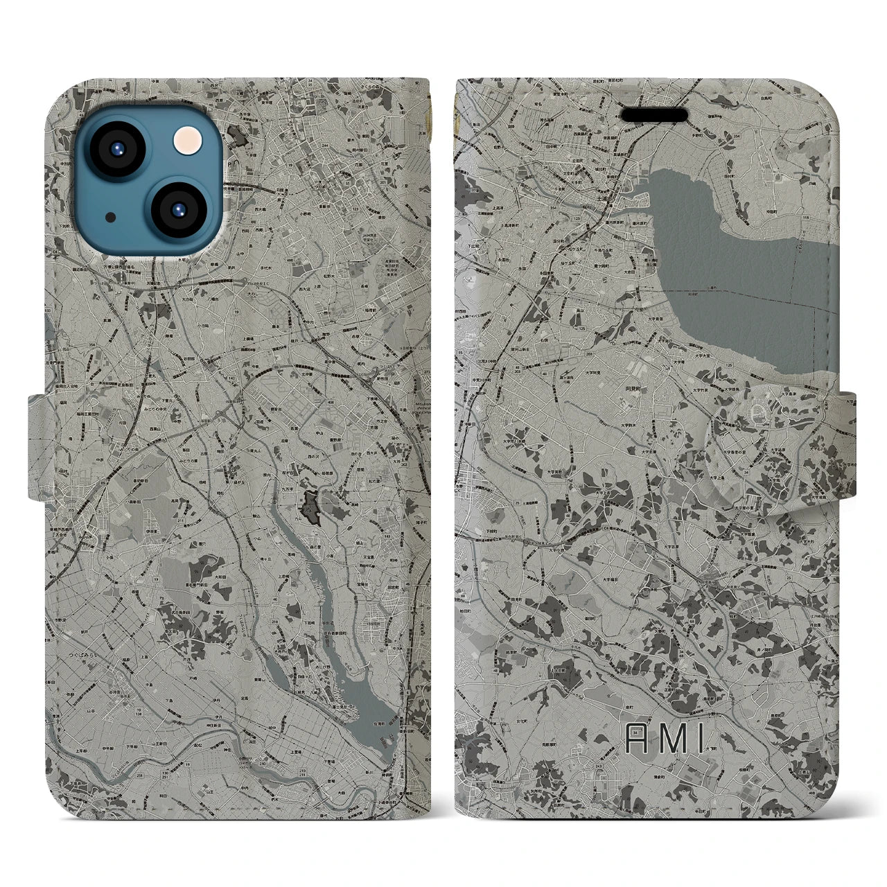 【阿見(茨城県)】地図柄iPhoneケース(手帳タイプ)モノトーン・iPhone 13 用