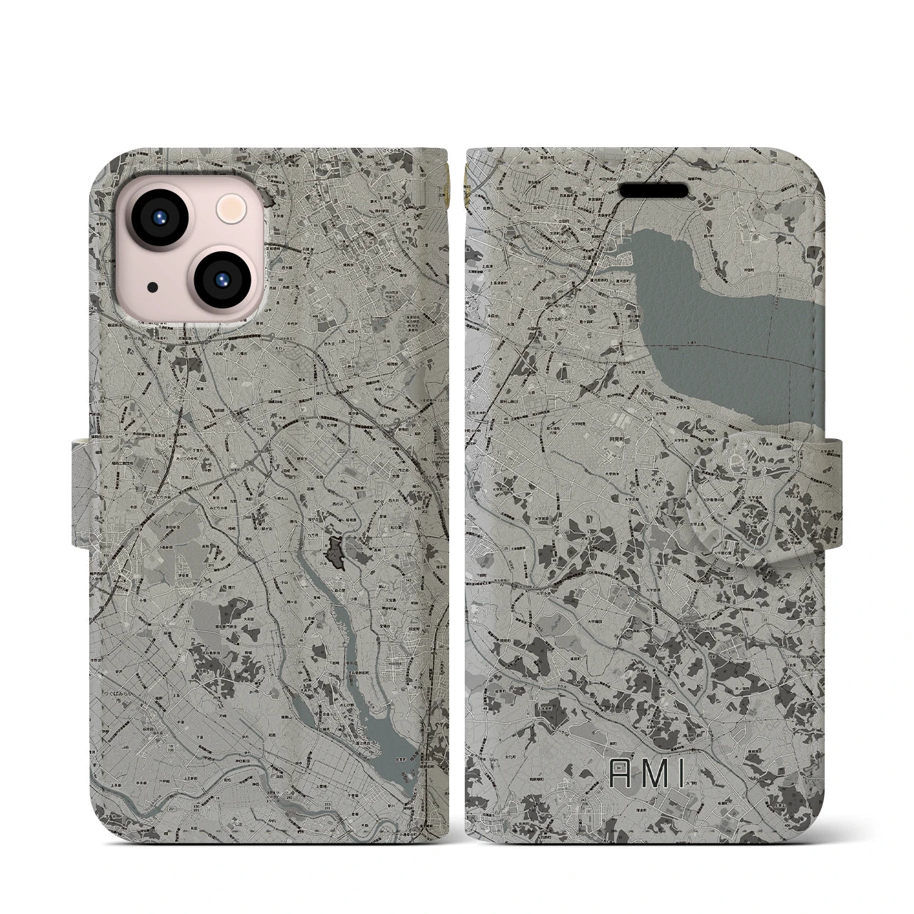 【阿見(茨城県)】地図柄iPhoneケース(手帳タイプ)モノトーン・iPhone 13 mini 用