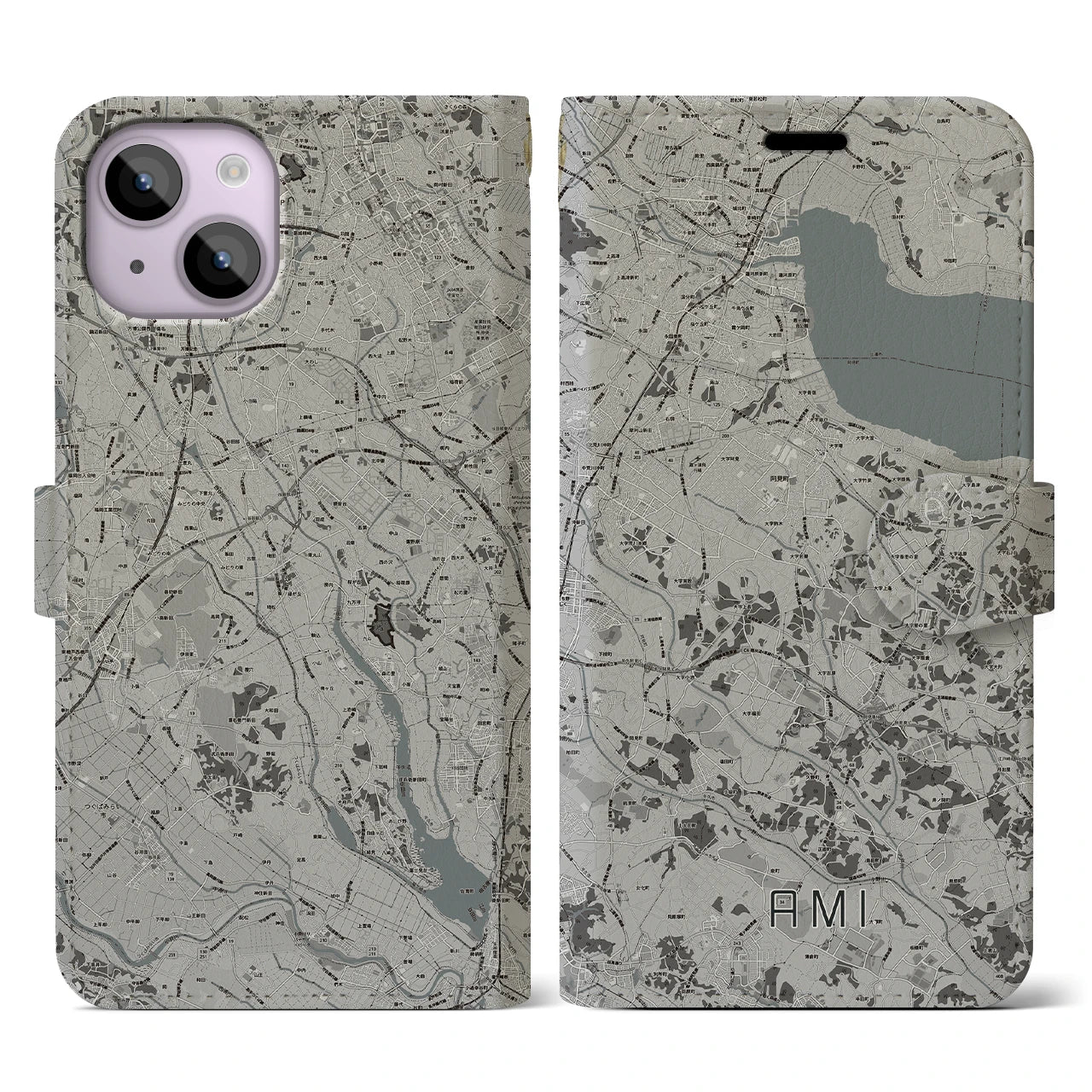 【阿見(茨城県)】地図柄iPhoneケース(手帳タイプ)モノトーン・iPhone 14 用