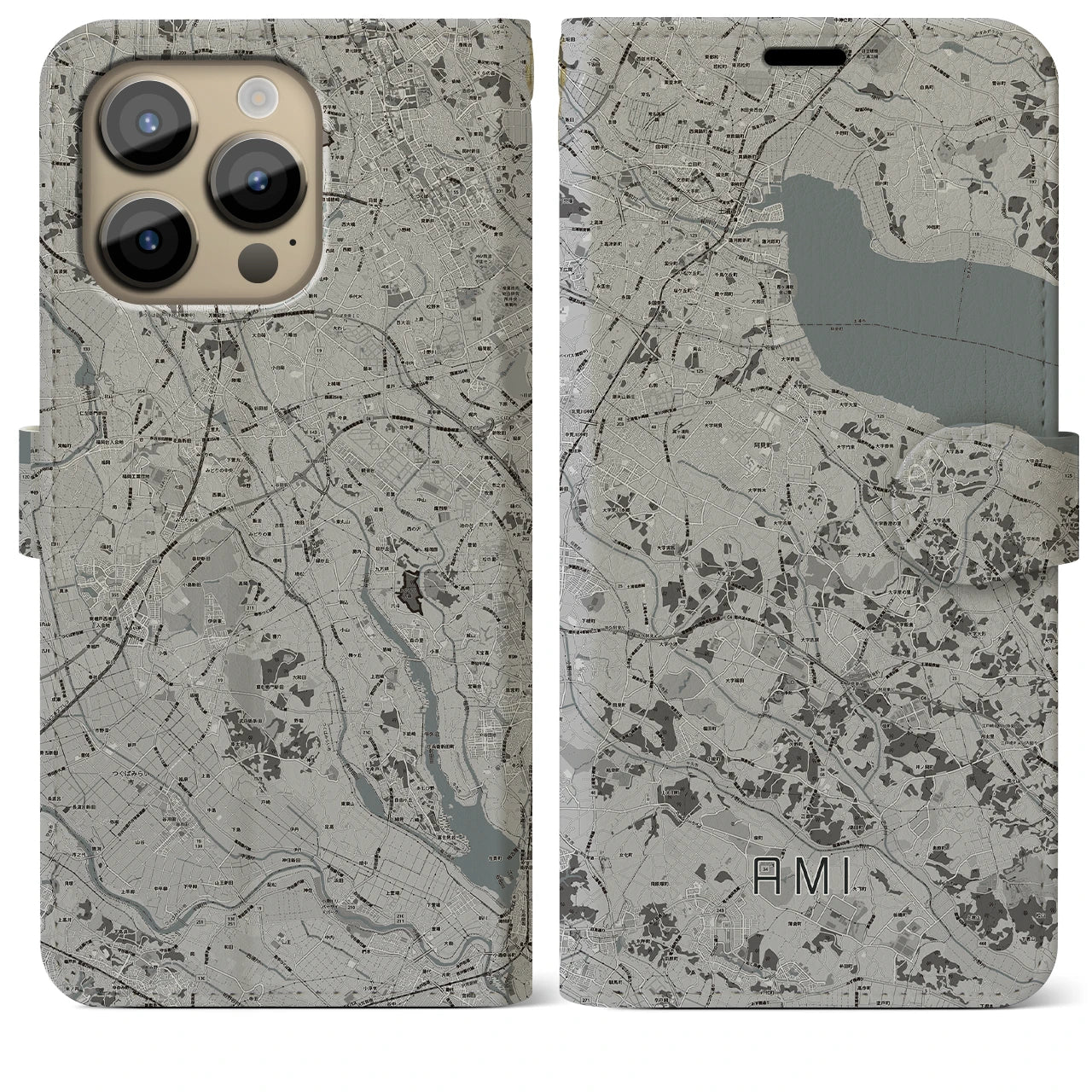 【阿見(茨城県)】地図柄iPhoneケース(手帳タイプ)モノトーン・iPhone 14 Pro Max 用