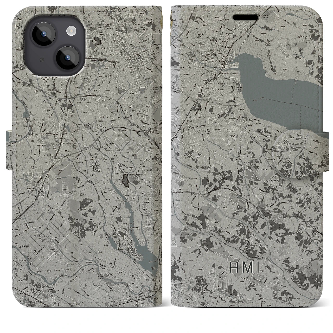 【阿見(茨城県)】地図柄iPhoneケース(手帳タイプ)モノトーン・iPhone 14 Plus 用