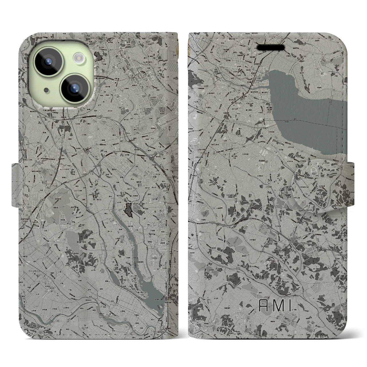 【阿見(茨城県)】地図柄iPhoneケース(手帳タイプ)モノトーン・iPhone 15 用